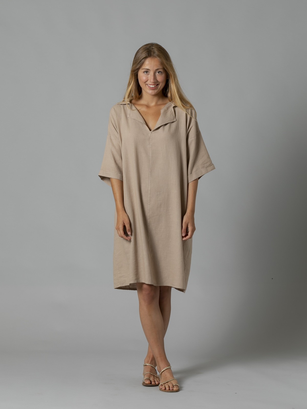 Woman Linen shirt dress with elbow sleeves Camel