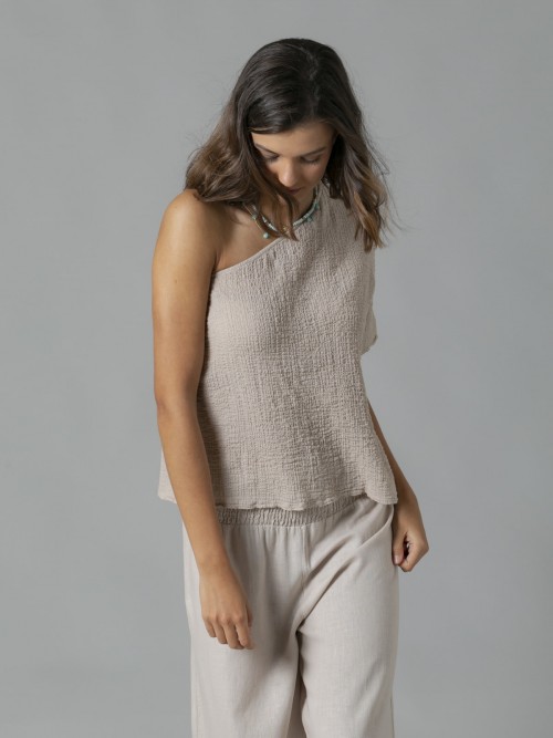 Woman Asymmetric plain cotton shirt Beige