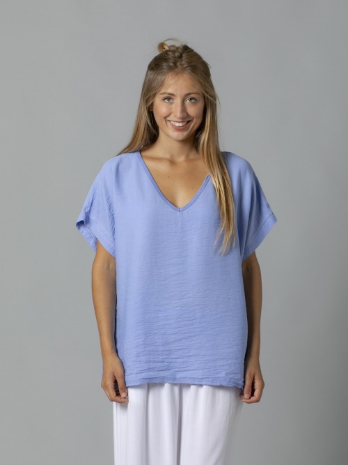 Woman V-neck blouse in 2 fabrics Blue
