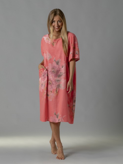 Woman Floral print linen dress with pockets Coral