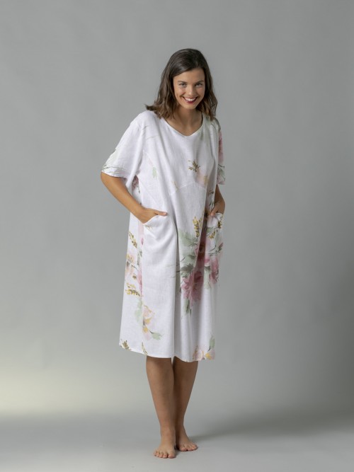 Woman Floral print linen dress with pockets White