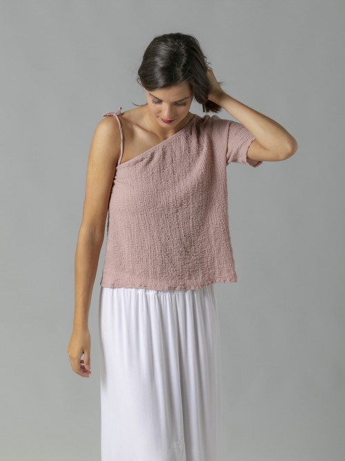 Camisa asimétrica lisa en algodón Rosa