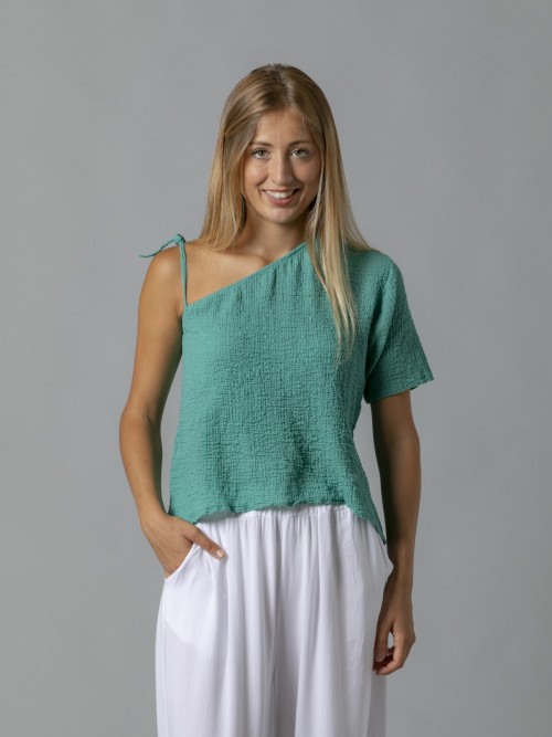 Woman Asymmetric printed cotton shirt Green