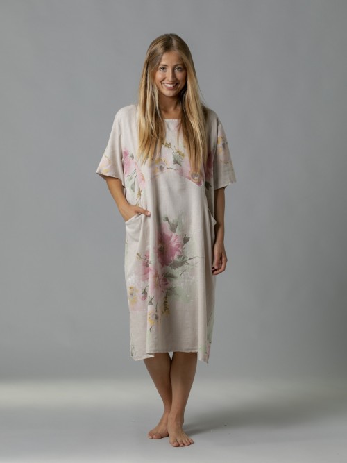 Woman Floral print linen dress with pockets Beige