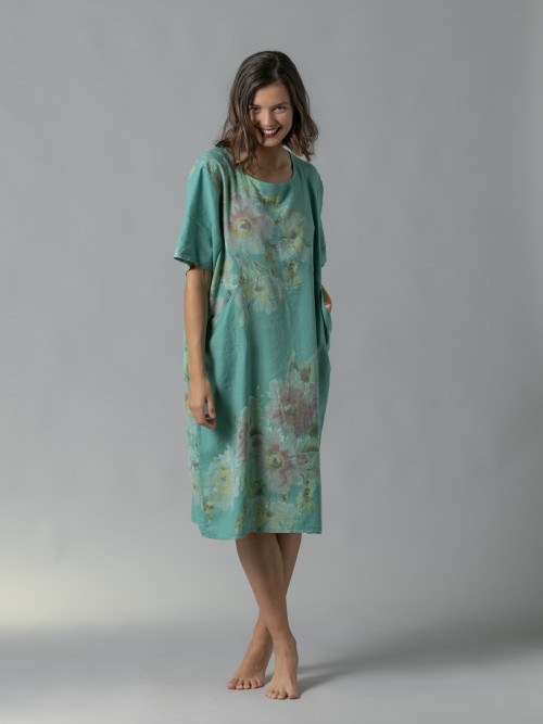 Woman Floral print linen dress with pockets Green