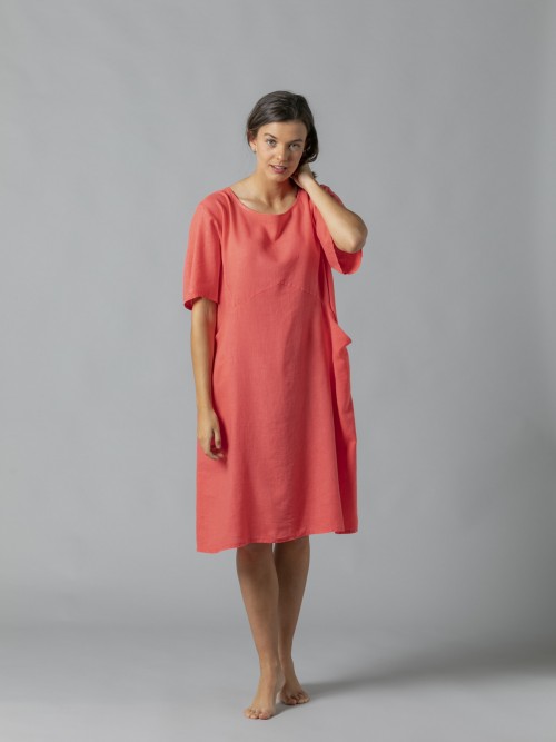 Woman Linen dress with 2 pockets and short sleeves Coral