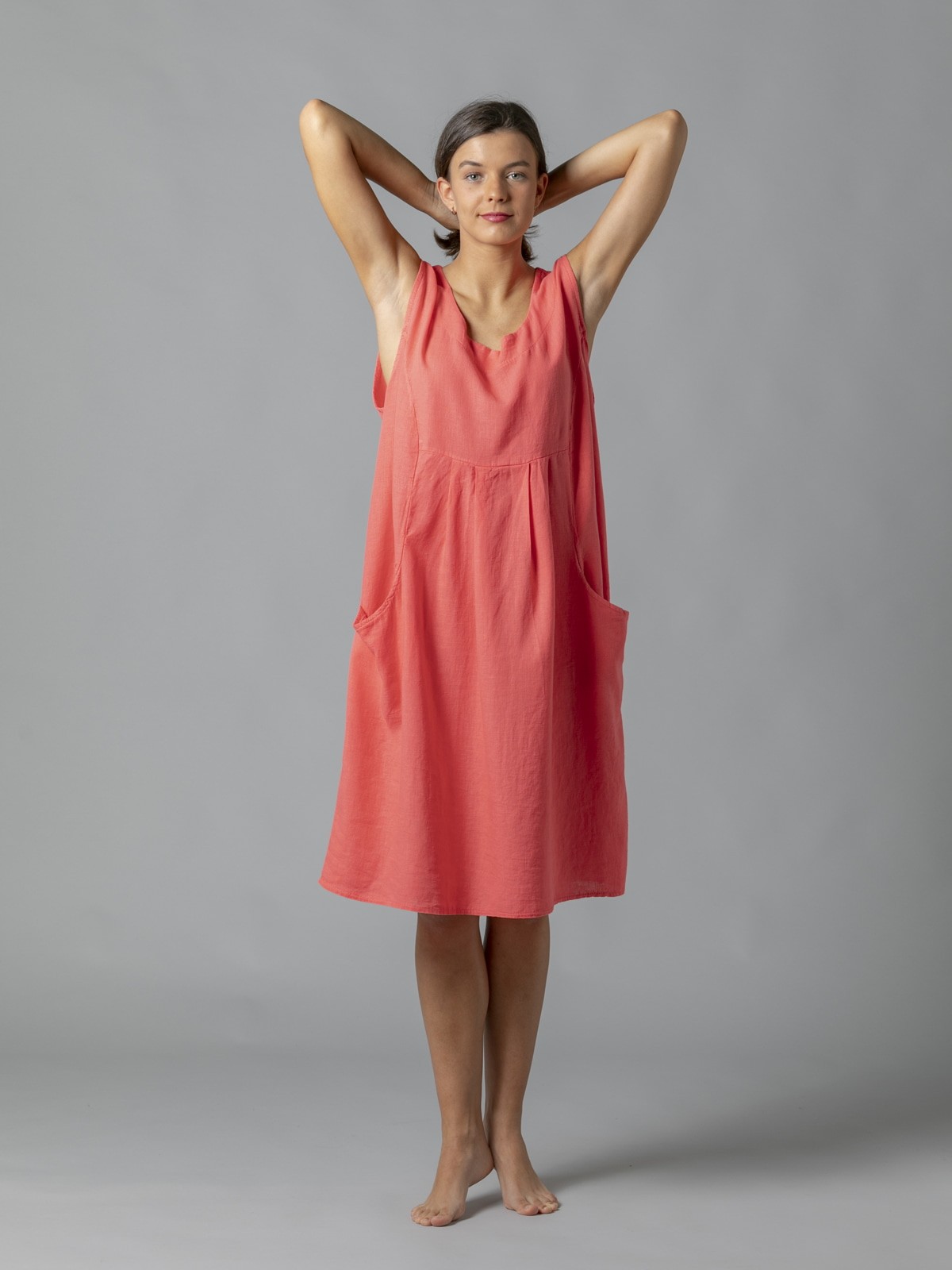 Woman Linen dress with wide straps and pockets Coral