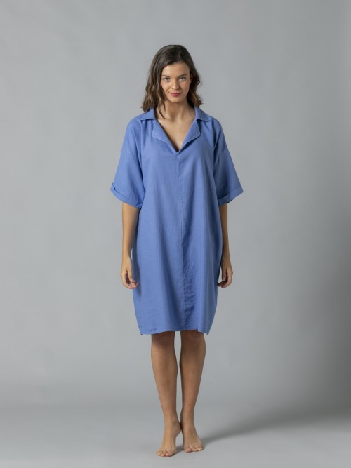 Woman Linen shirt dress with elbow sleeves Blue