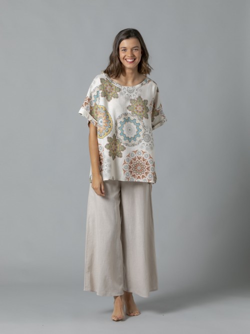 Woman Animal print linen blouse Marfil