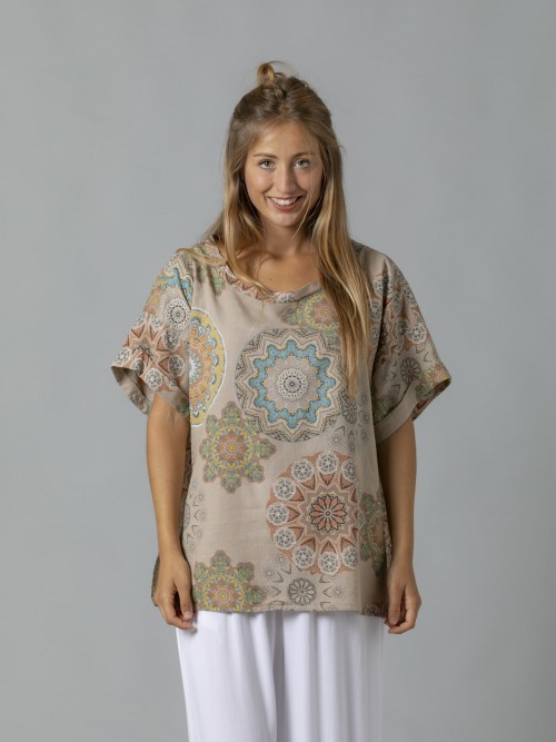 Woman Animal print linen blouse Camel