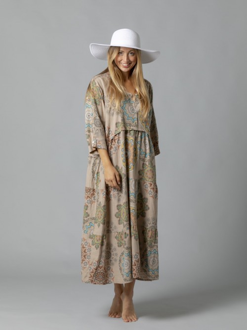 Woman Ethnic print oversize linen dress Camel
