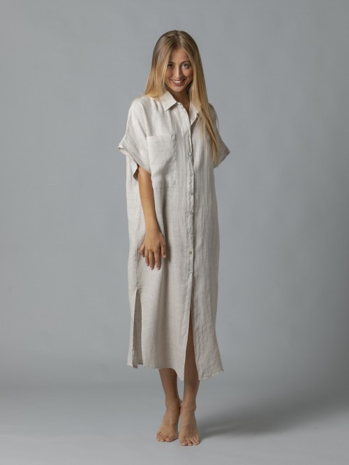 Woman Long linen dress 100% buttons Beige