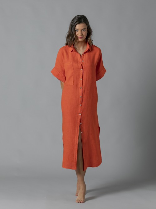 Vestido largo lino 100% botones Naranja