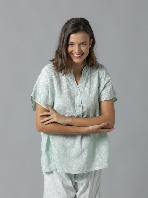 Woman Cotton floral print blouse Aqua