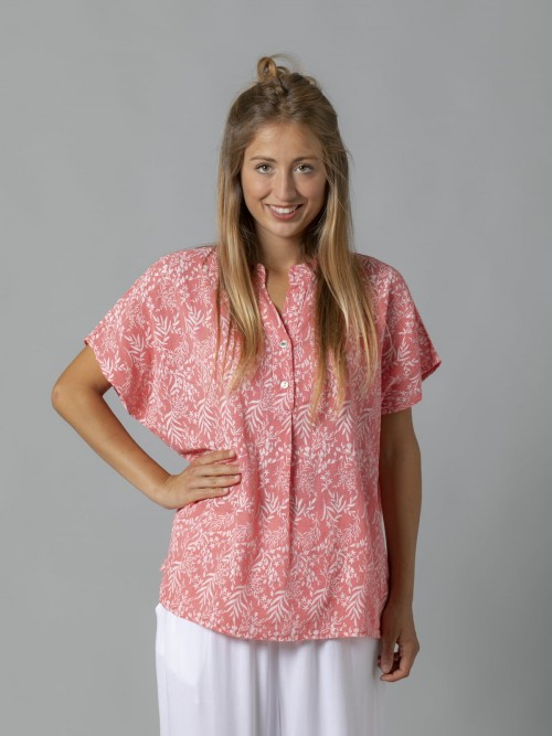 Woman Cotton floral print blouse Coral