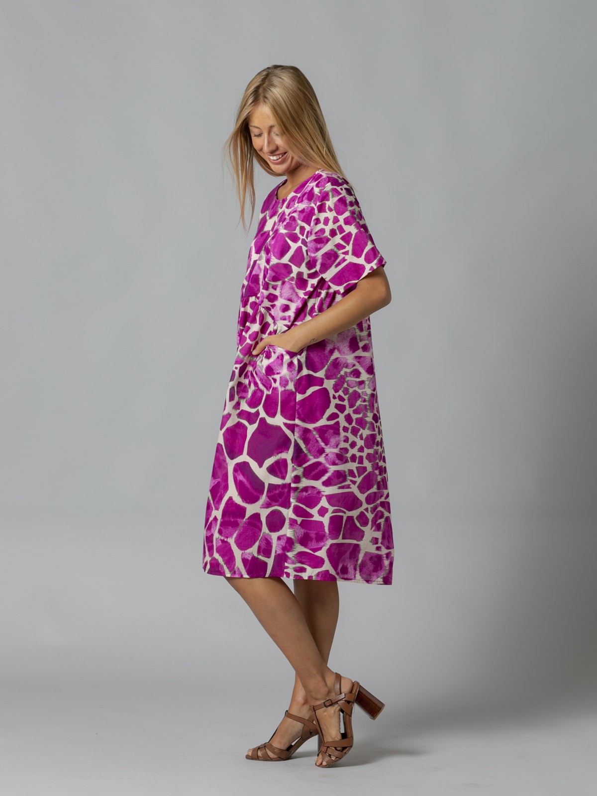 Woman Printed cotton dress with pockets Mallow