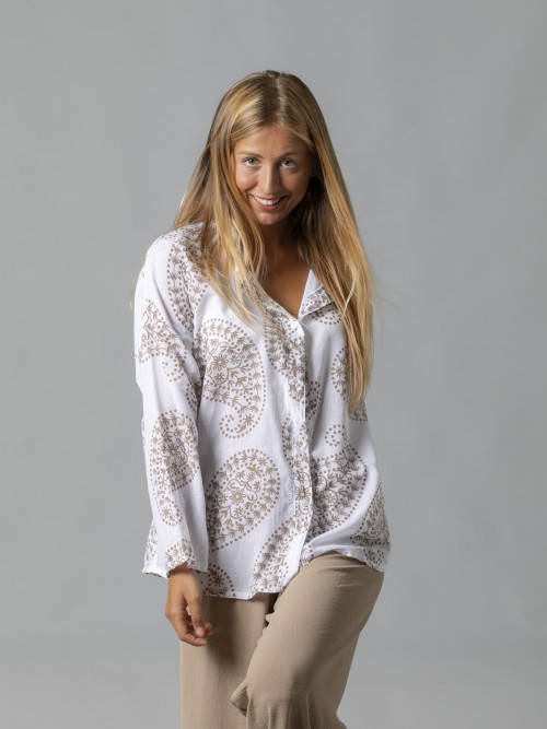 Woman White printed cotton shirt Camel