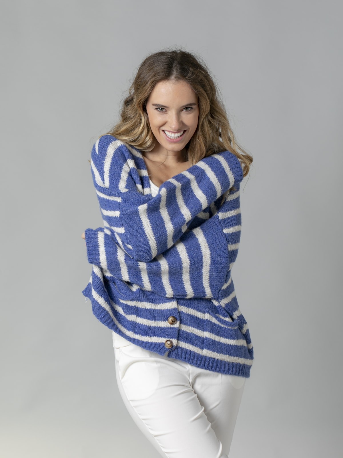 Woman Striped cardigan with pockets azul oscuro