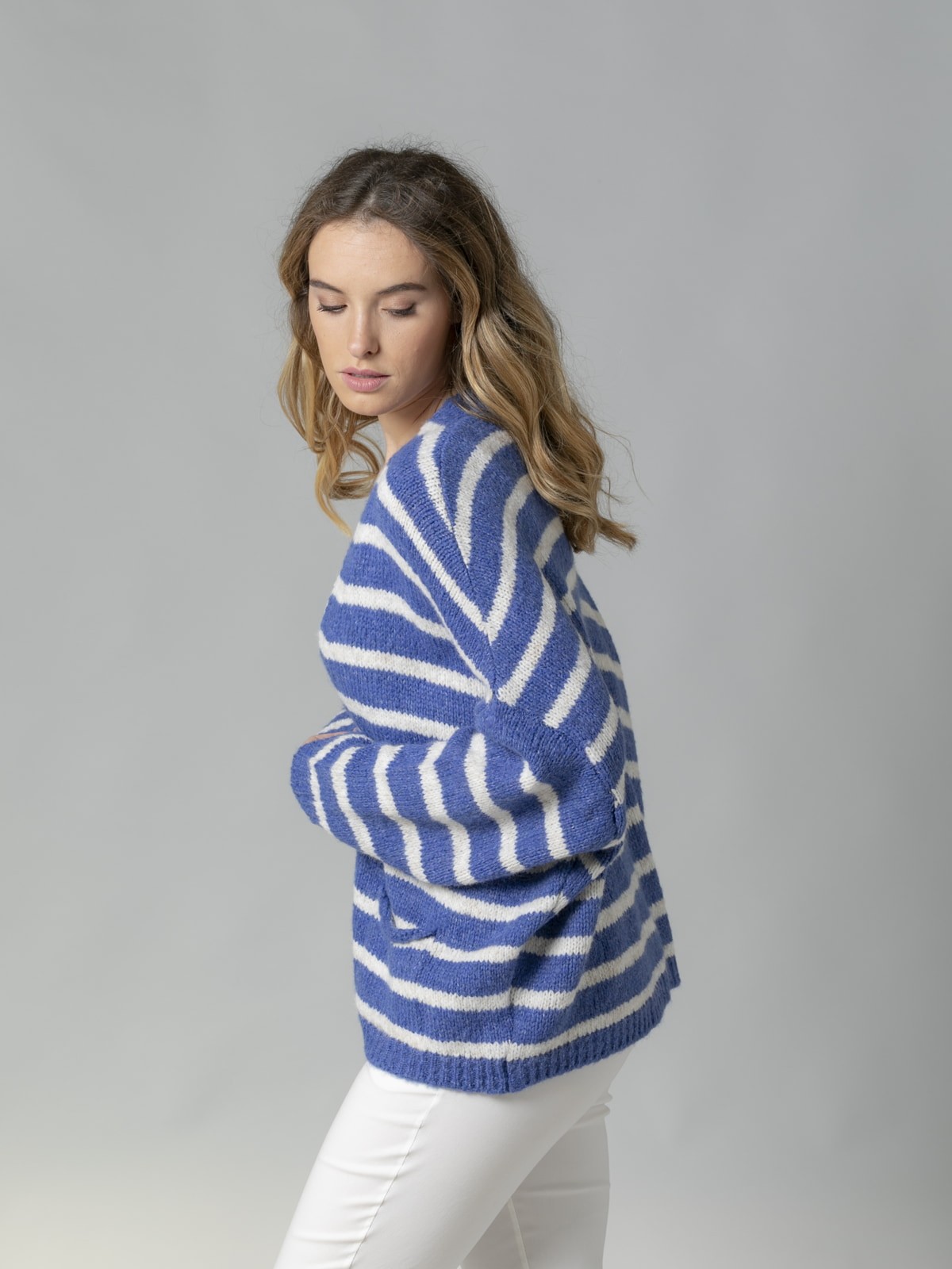 Woman Striped cardigan with pockets azul oscuro