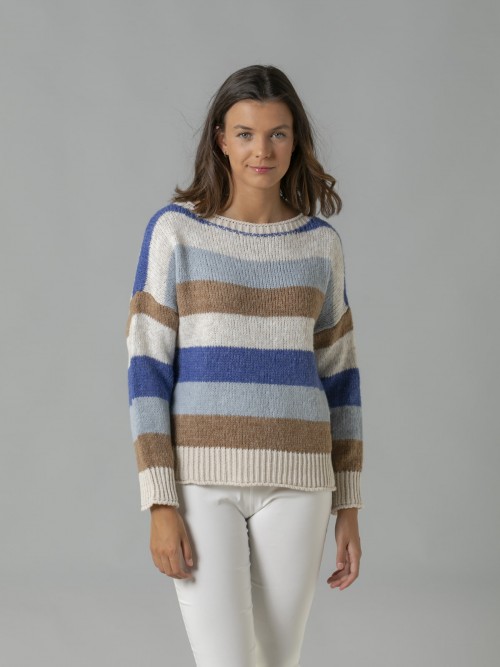 Woman High quality striped knit sweater Blue