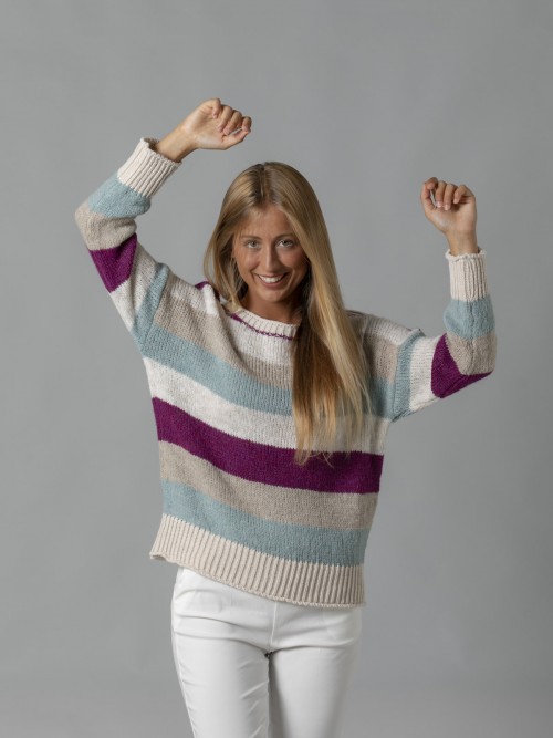 Woman High quality striped knit sweater Mallow