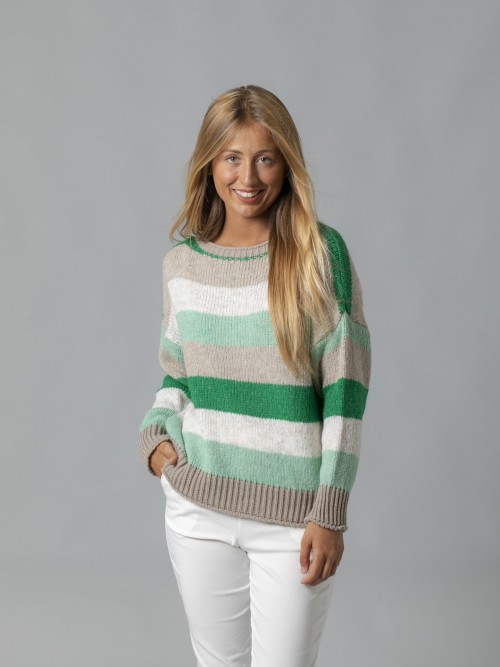 Woman High quality striped knit sweater Green