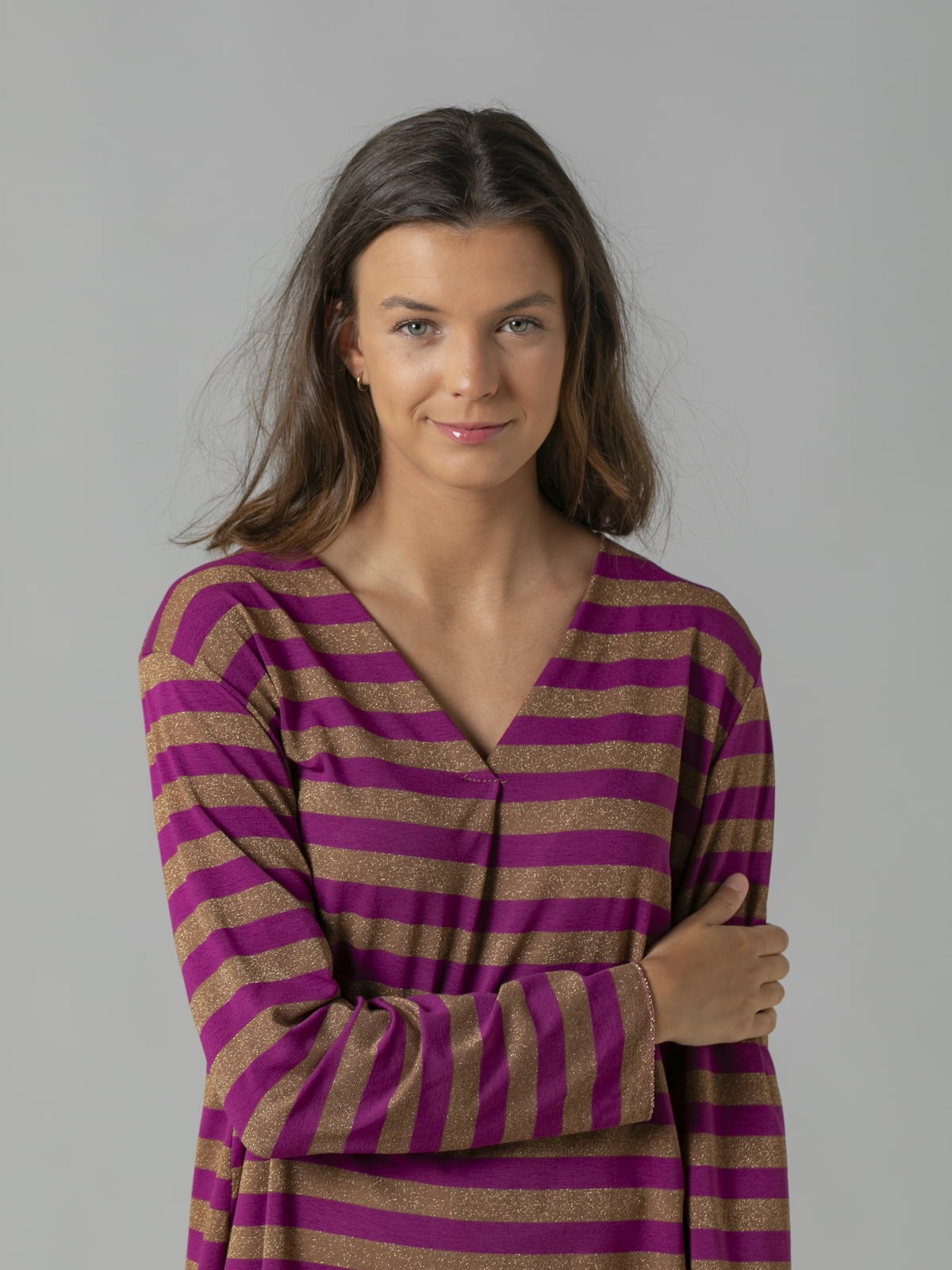 Woman Striped V-neck T-shirt Mallow