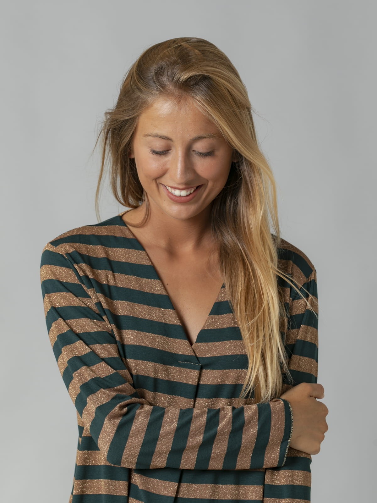 Woman Striped V-neck T-shirt Green