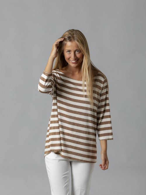 Woman Shiny striped bateau neckline T-shirt Marfil