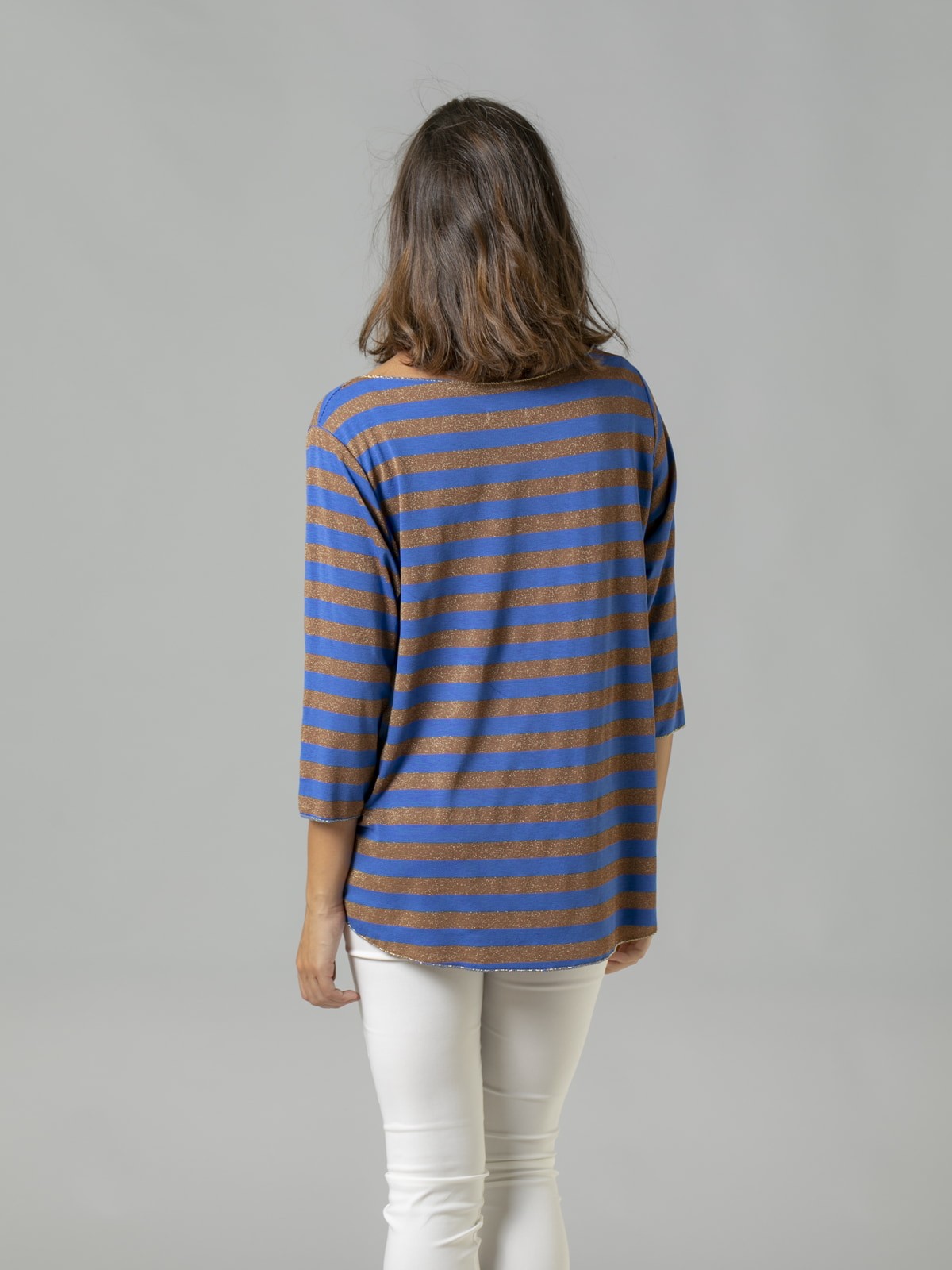 Woman Shiny striped bateau neckline T-shirt Blue