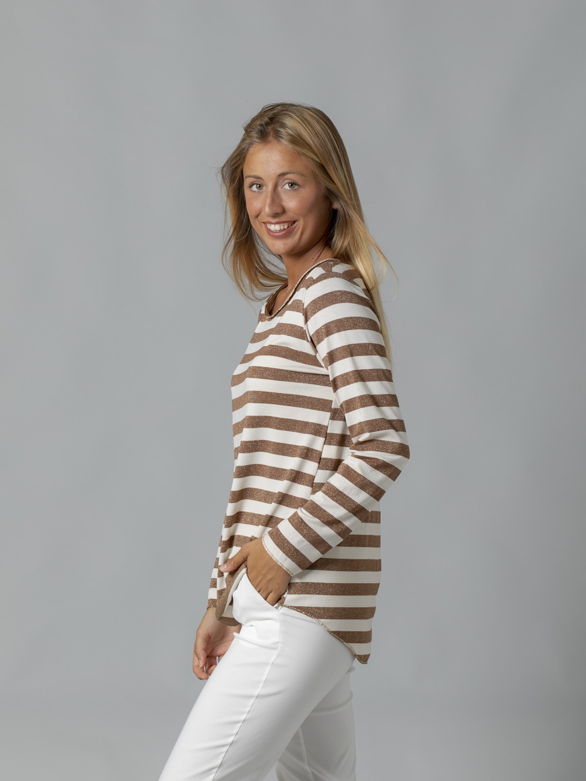 Woman glitter striped t-shirt Marfil
