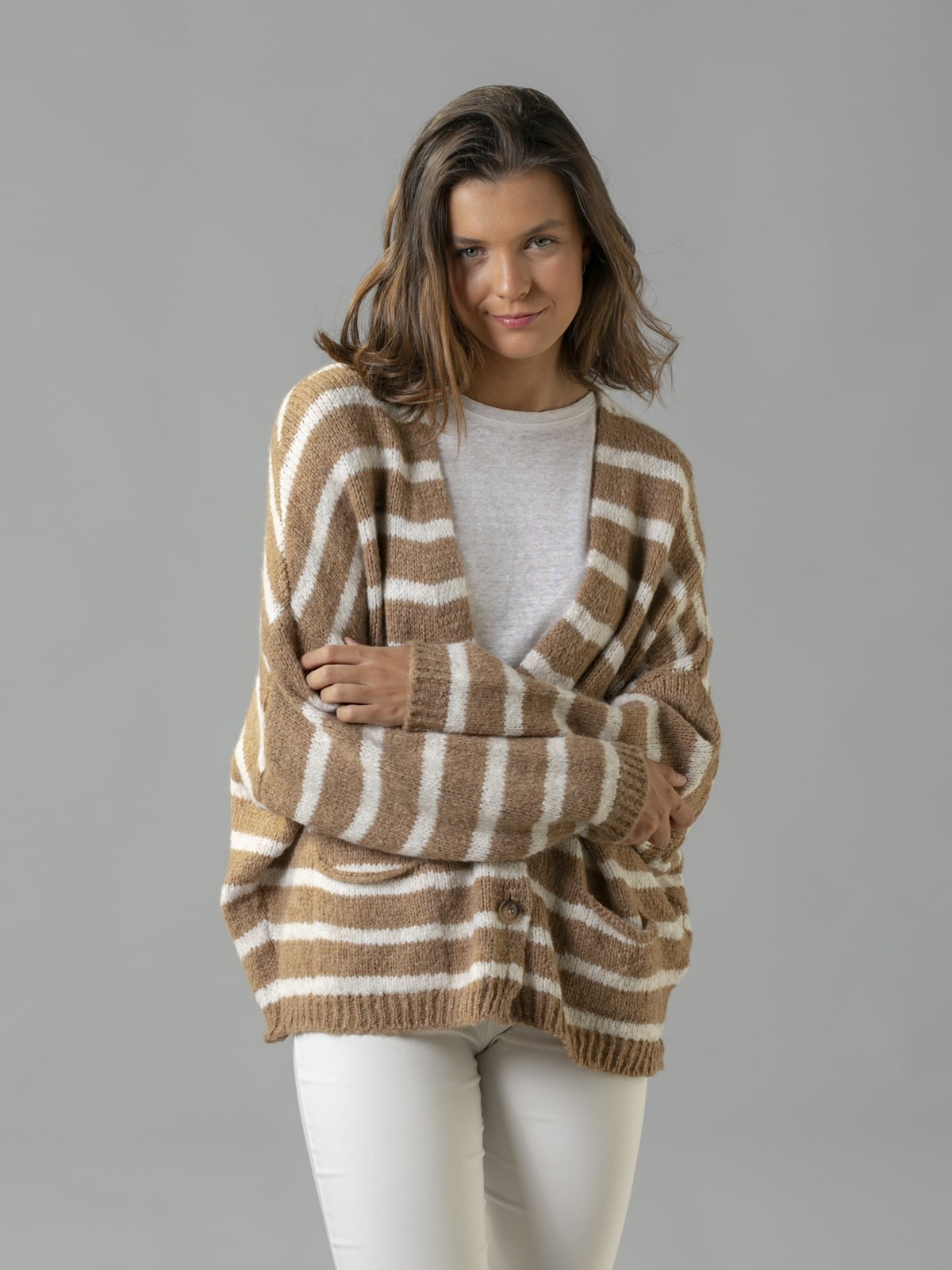 Woman Striped cardigan with pockets Camel