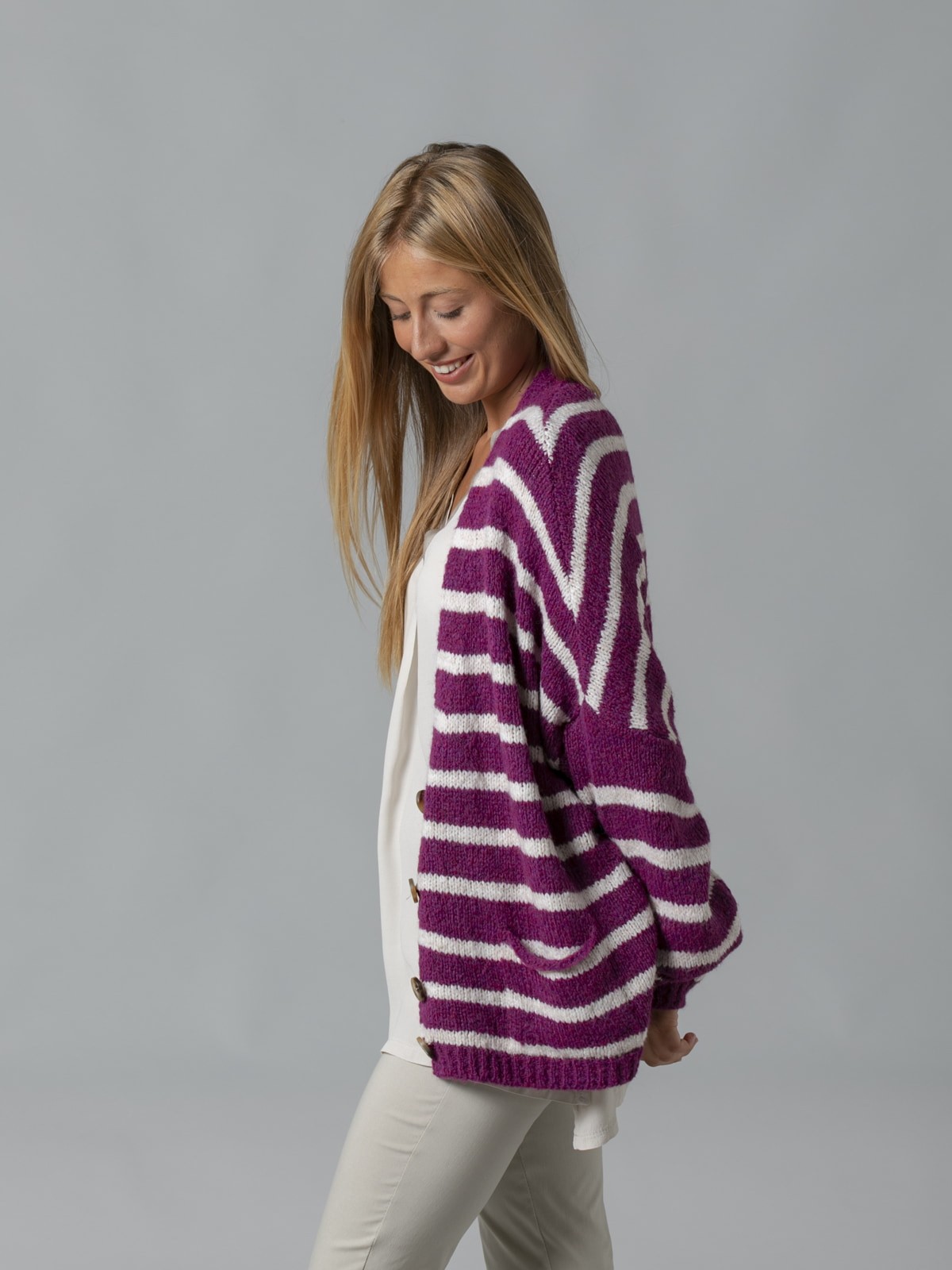 Woman Striped cardigan with pockets Mallow