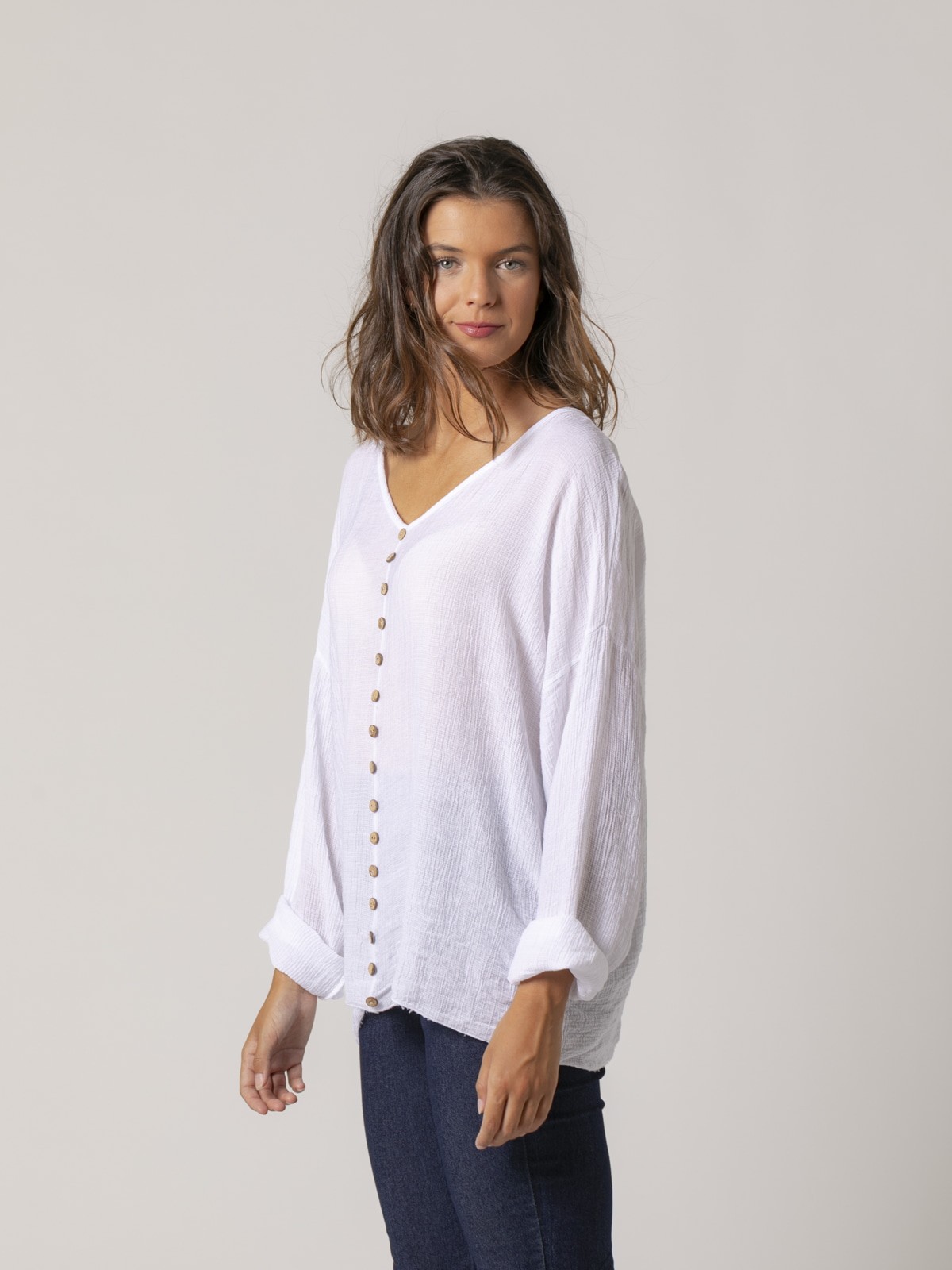 Woman Flowy teen blouse with buttons White