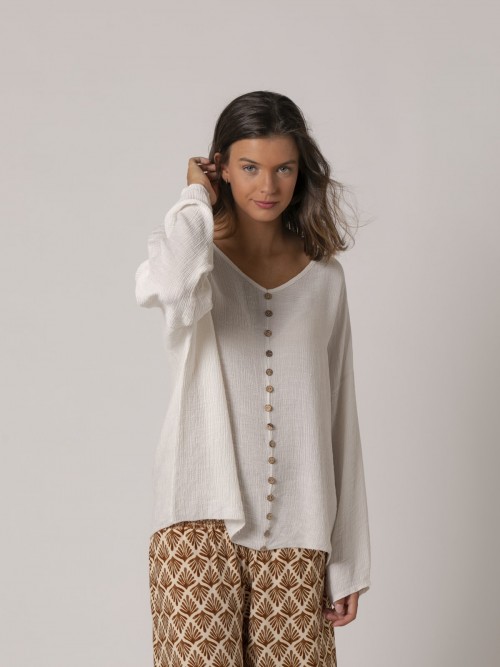 Woman Flowy teen blouse with buttons Beige