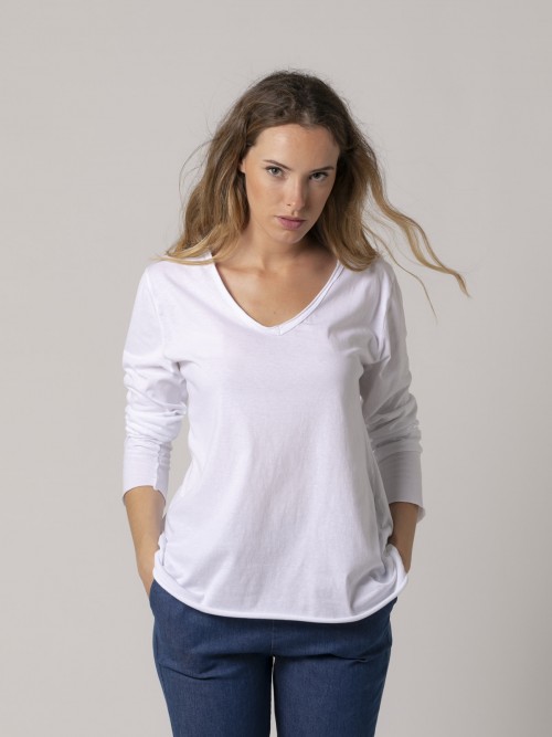 Camiseta algodón escote en pico manga larga Blanco