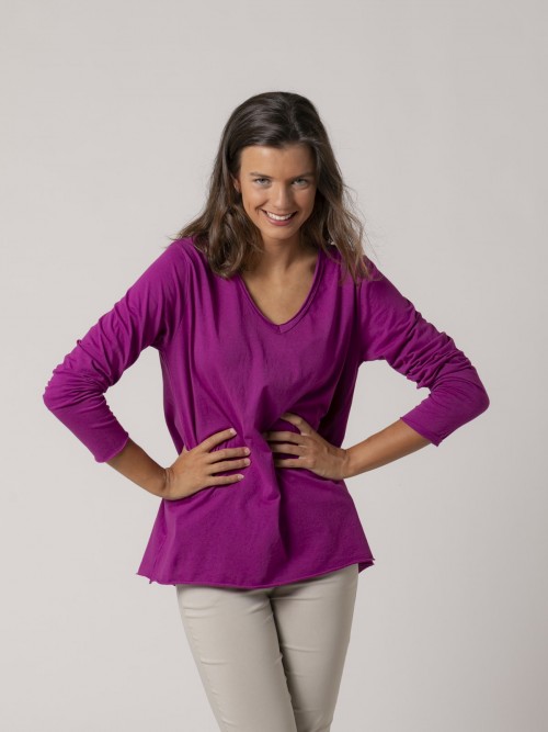 Woman Long-sleeved V-neck cotton T-shirt Mallow