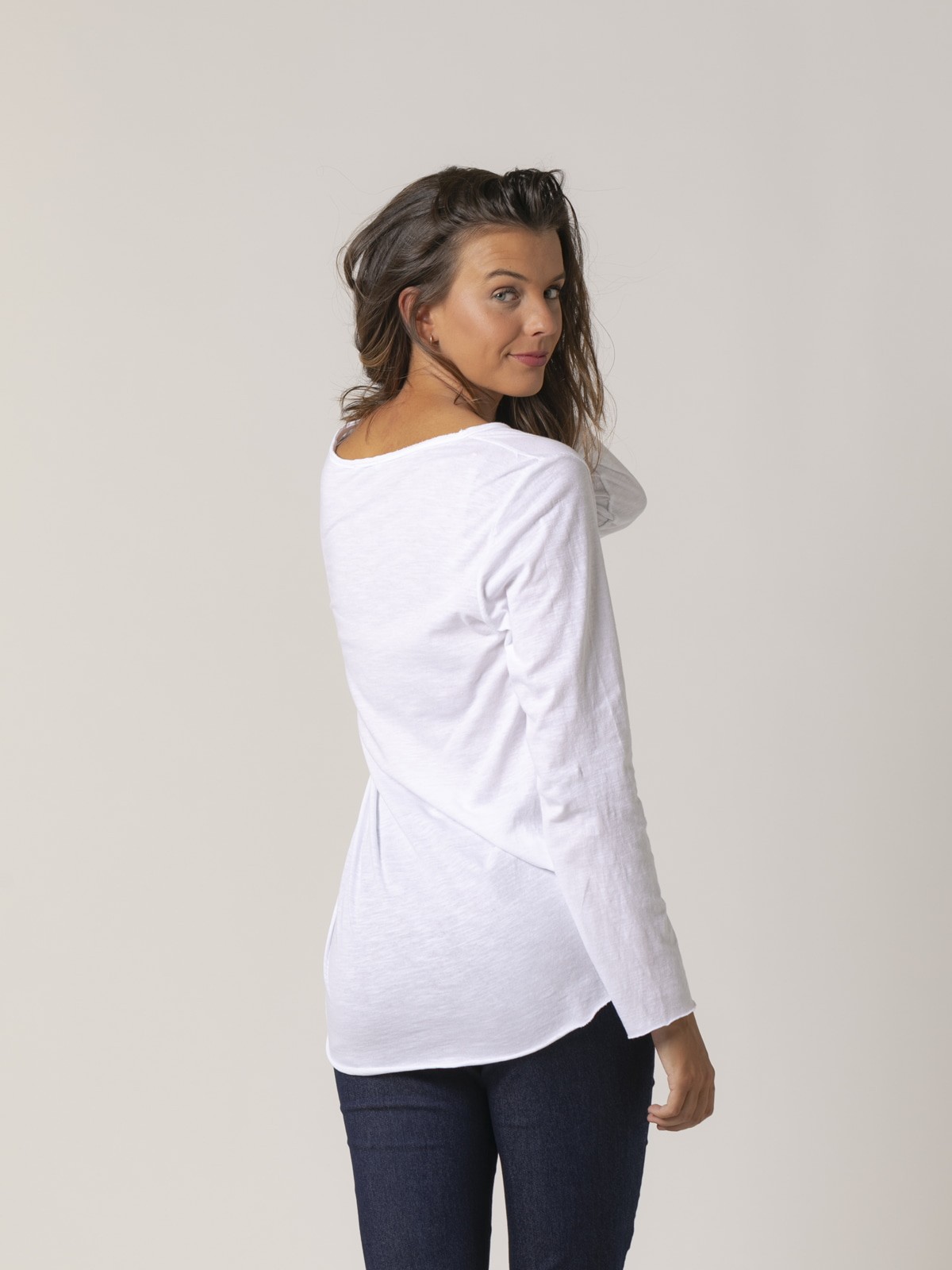 Woman cotton t-shirt with neckline and button detail White