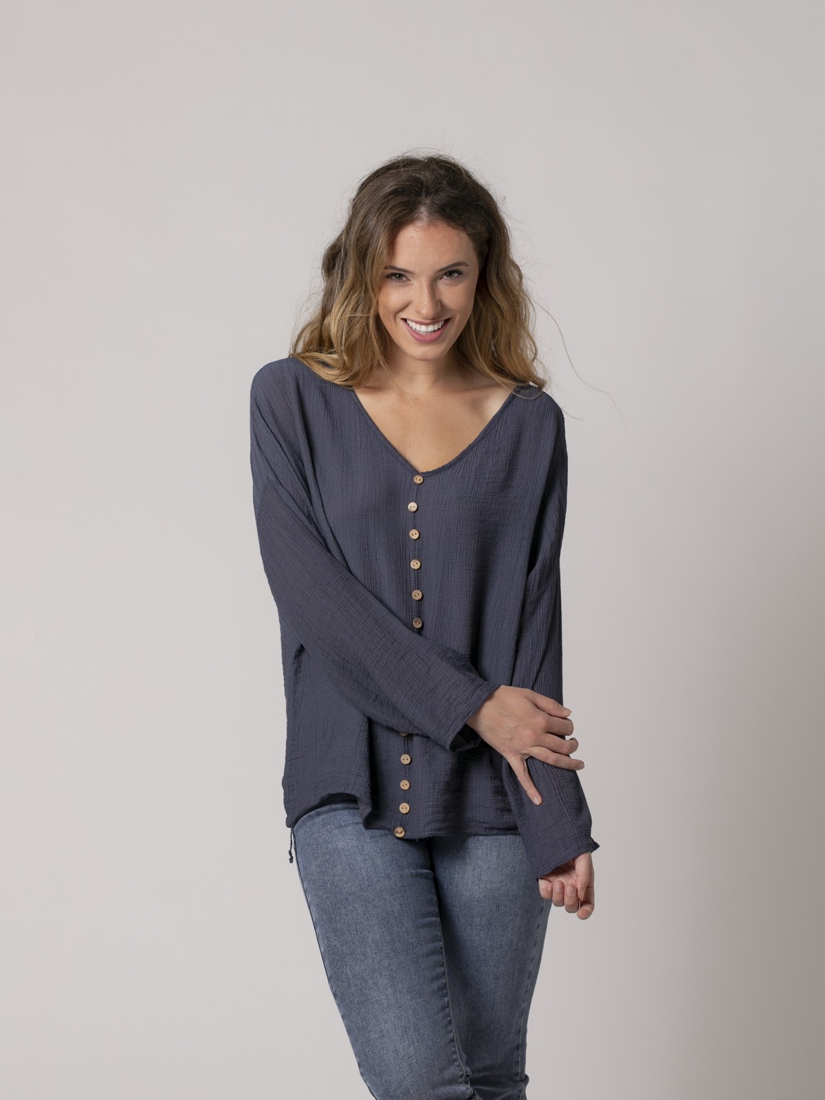 Woman Flowy teen blouse with buttons Blue Navy