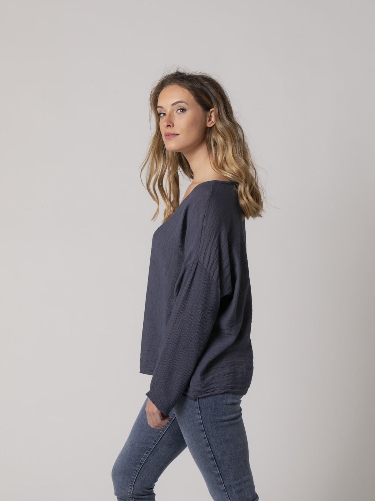 Woman Flowy teen blouse with buttons Blue Navy