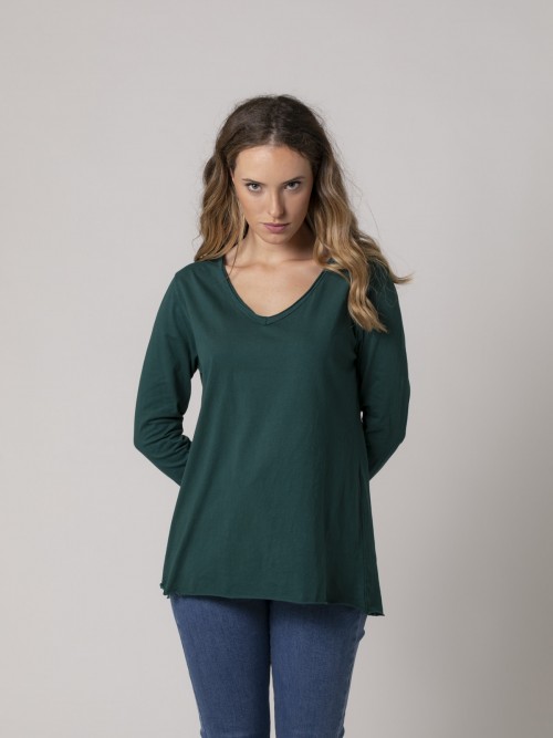 Woman Long-sleeved V-neck cotton T-shirt Green