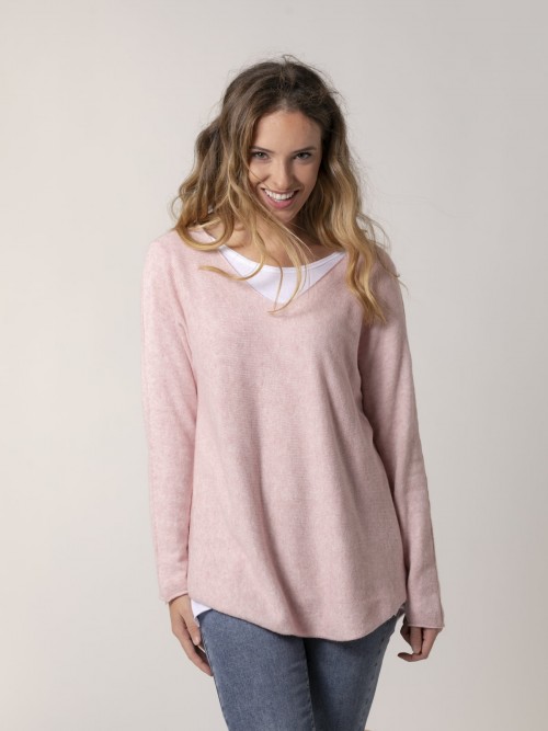 Woman oversized V-neck knit jumper Pink