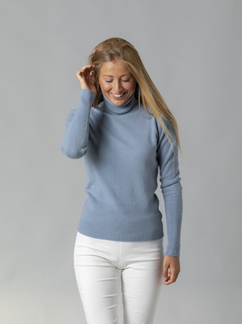 Woman Soft slim fit turtleneck sweater Blue Jean