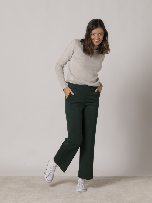 Woman High quality knitted wide leg trousers Green oscuro