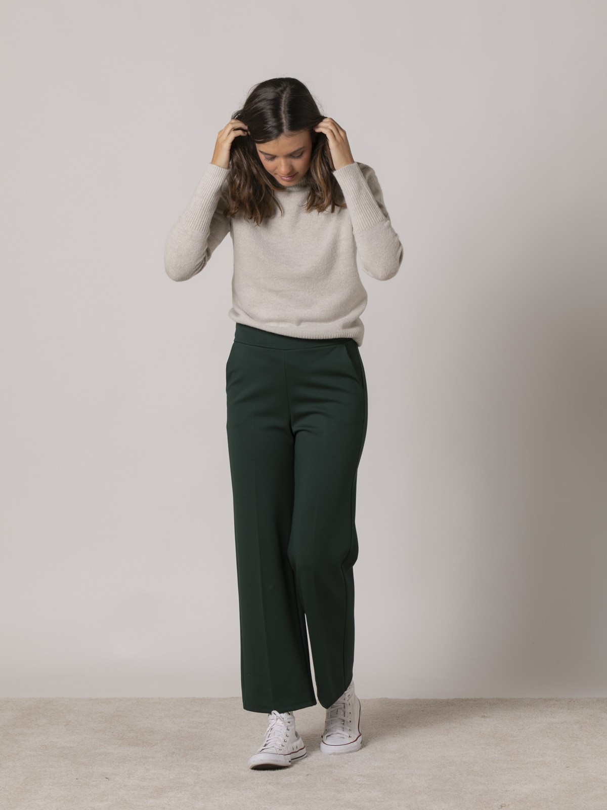 Woman High quality knitted wide leg trousers Green oscuro