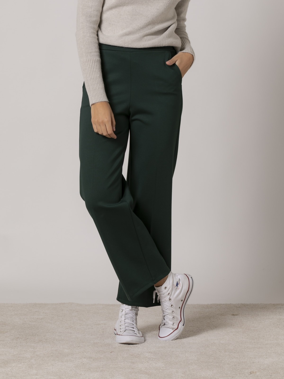Woman High quality knitted wide leg trousers Green oscuro