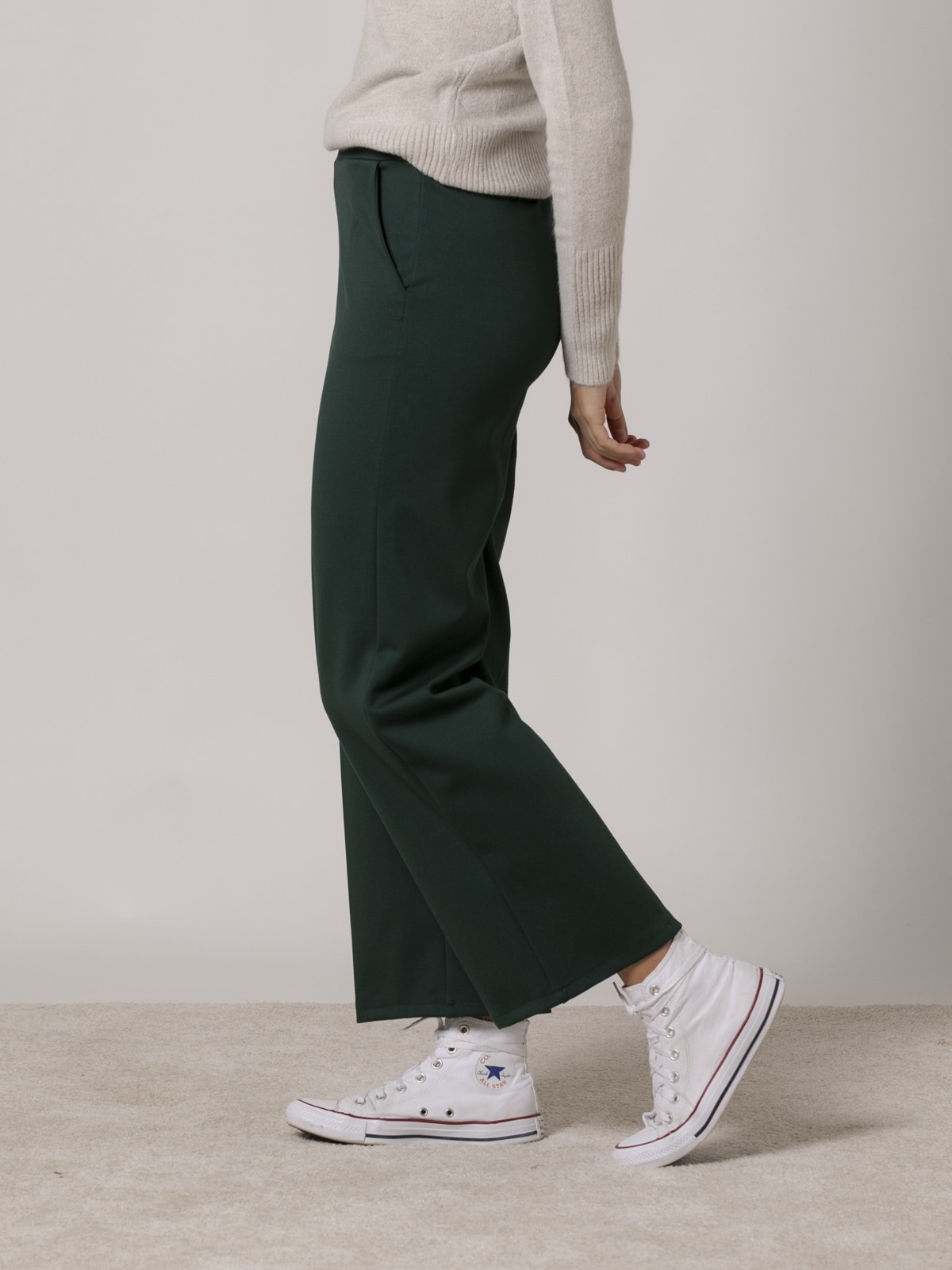 Woman High quality knitted wide leg trousers Green oscuro