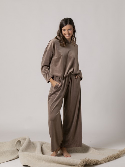 Woman Wide leg stretch trousers with pockets Visón