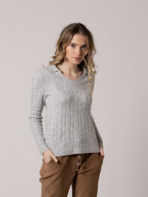 Woman V-neck soft jumper  Grey Claro