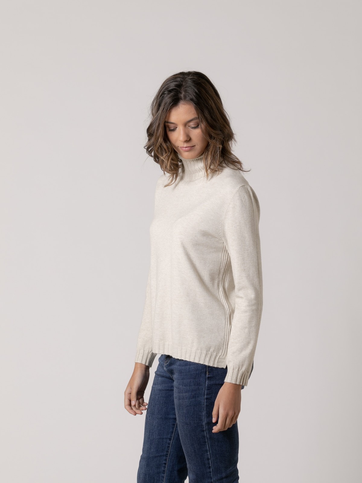 Woman soft swan knit jumper with ribbed detail  Beige
